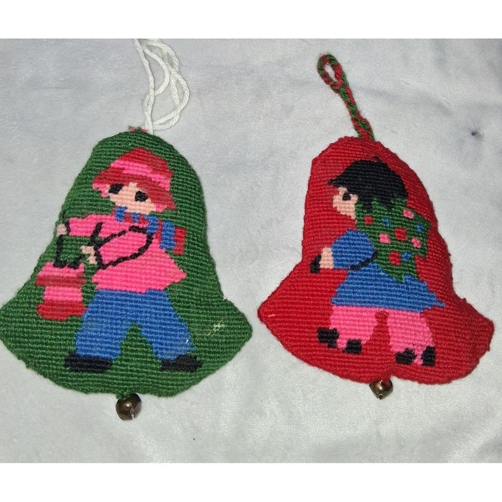 Vintage Needlepoint Christmas Bell Ornaments Set of 2 Stuffed Handmade 6"